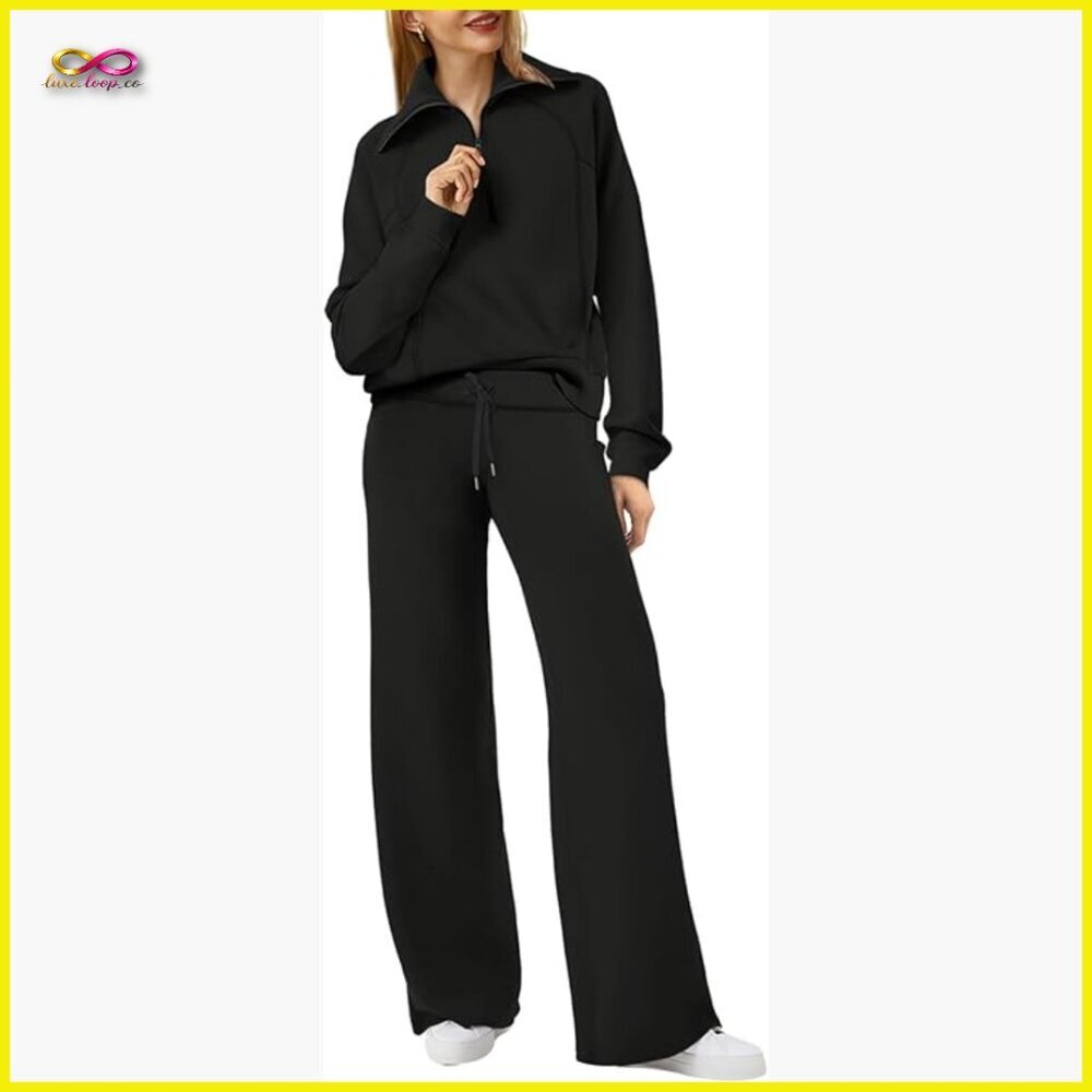 Oversized Half Zip Sweatshirt Wide Leg Sweatpant Set Velvety Soft Lounge